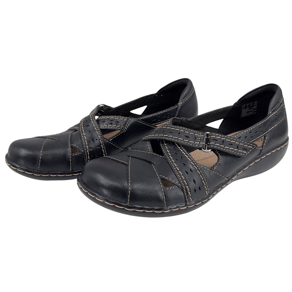 Clarks Ashland Spin Q‎ Womens Black Leather Comfort Flat Hook Loop 8.5M
